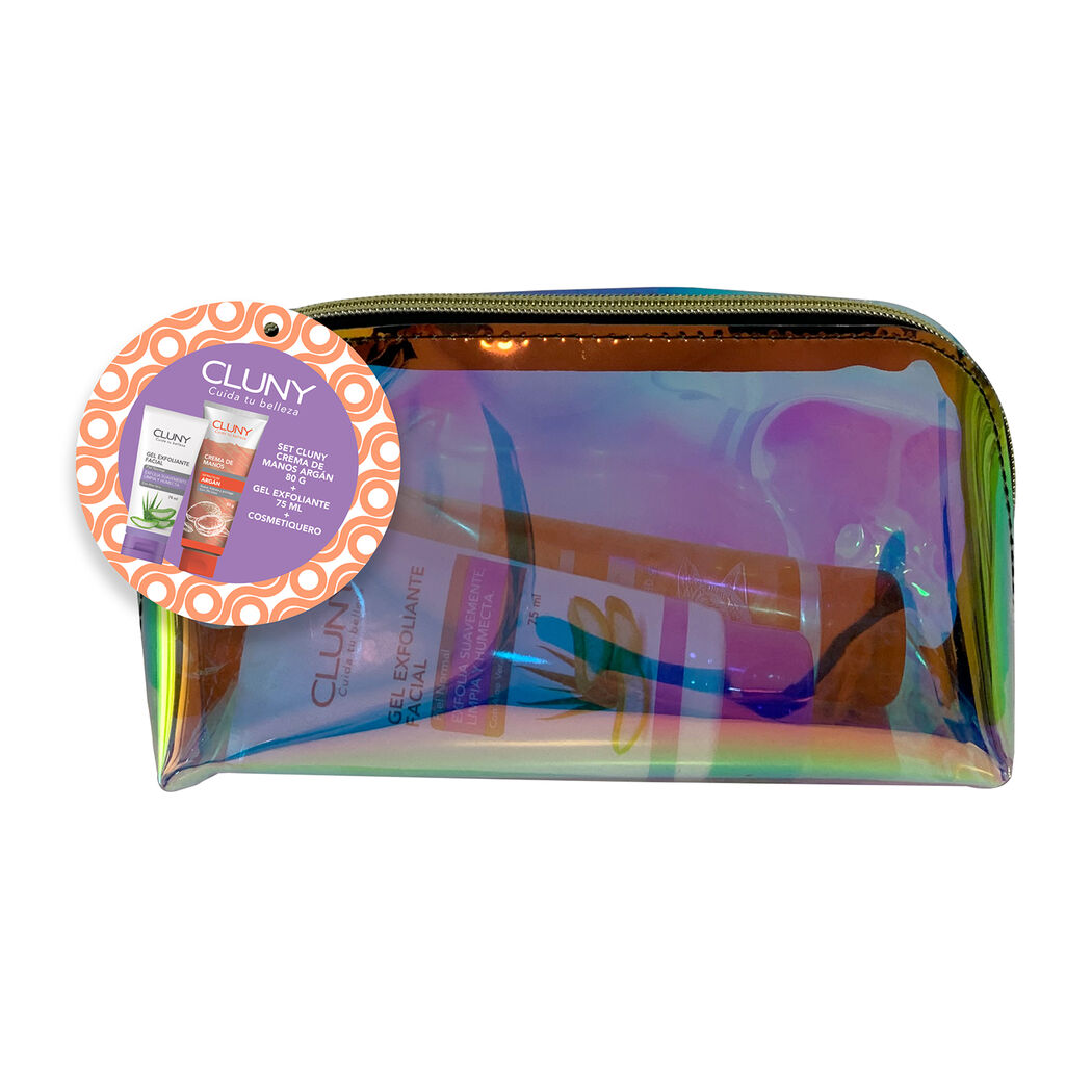 Cluny Crema Manos Argán + Gel Exfoliante + Cosmetiquero Tornasol