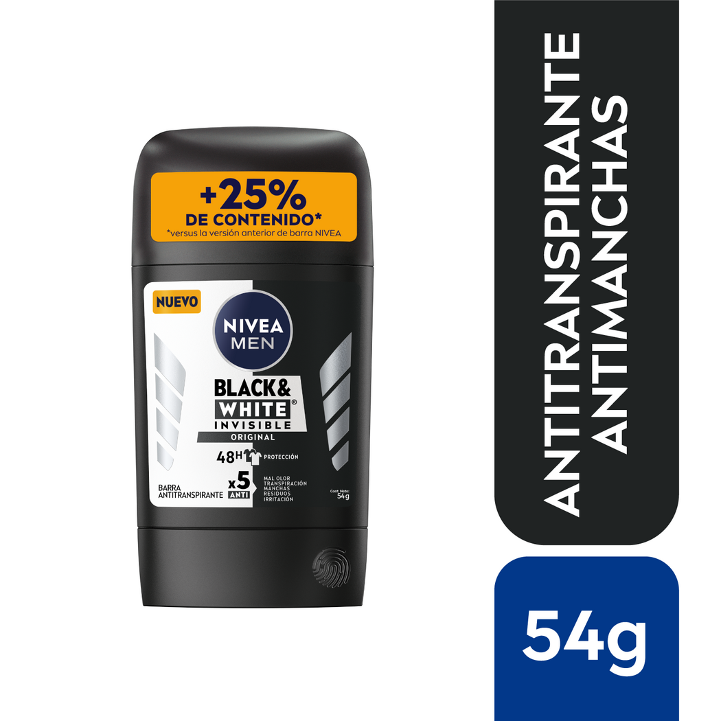 NIVEA MEN Antitranspirante Antimanchas en Barra, Invisible Power for Black & White 54g