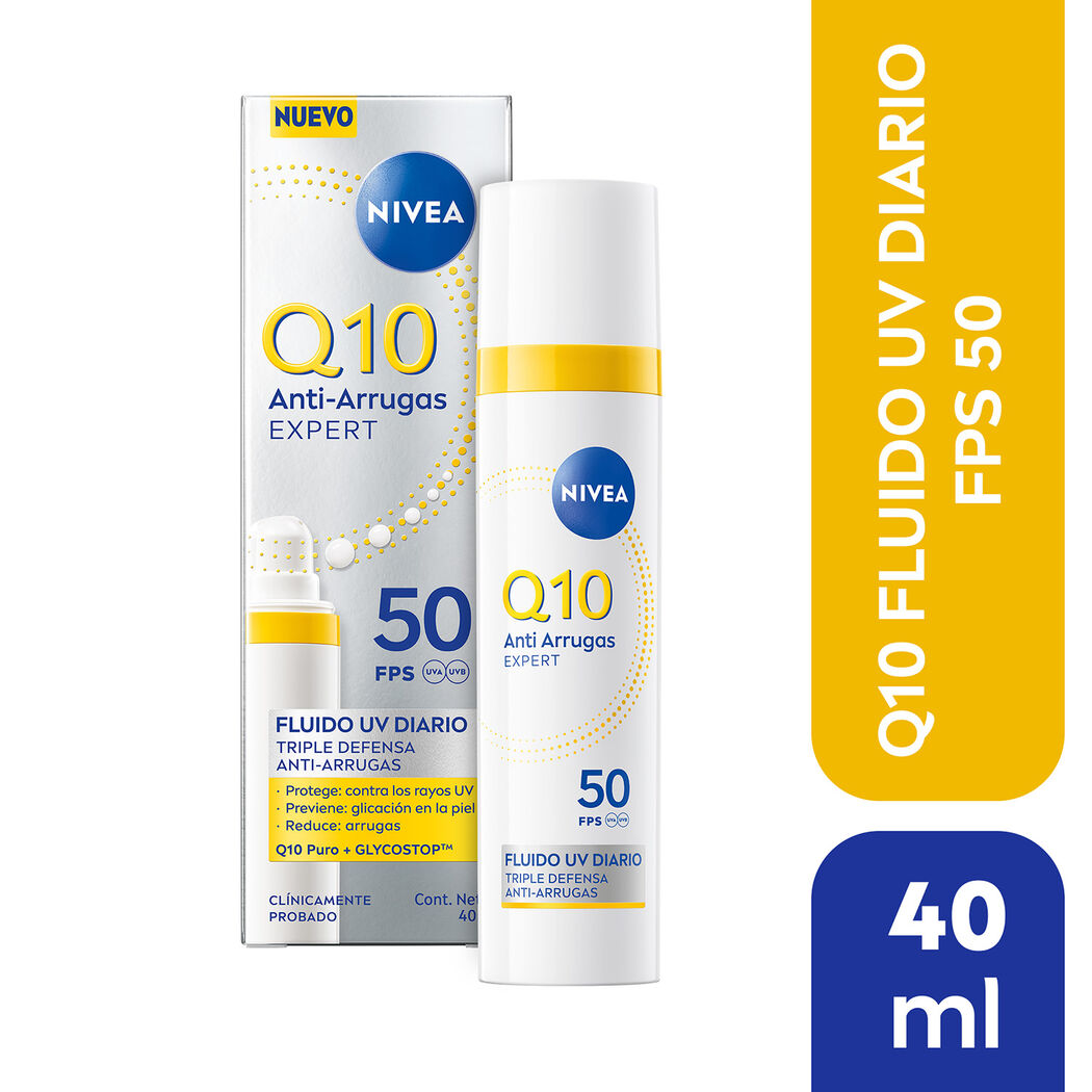 NIVEA Q10 Crema Facial Fluido Antiarrugas uso Diario con protección solar FPS50 40ml