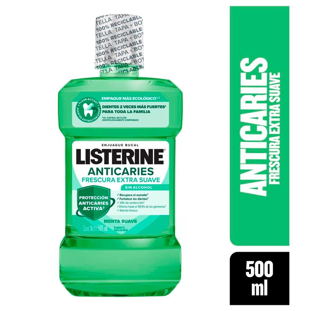 Enjuague bucal Listerine® Anticaries frescura extra suave (sin alcohol) 500ml