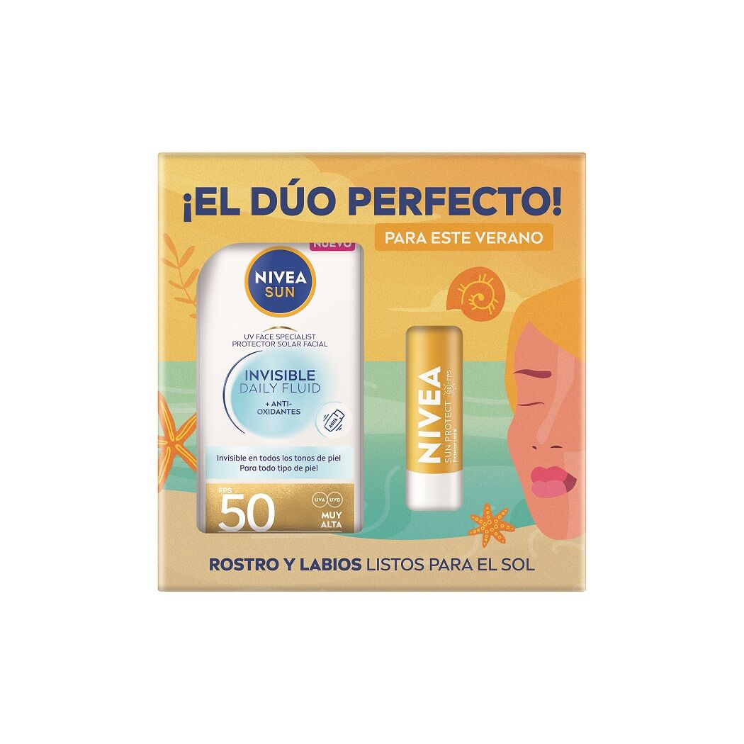NIVEA Pack Bálsamo Labial Sun FPS20 + UV Face Invisible Daily Fluid FPS50