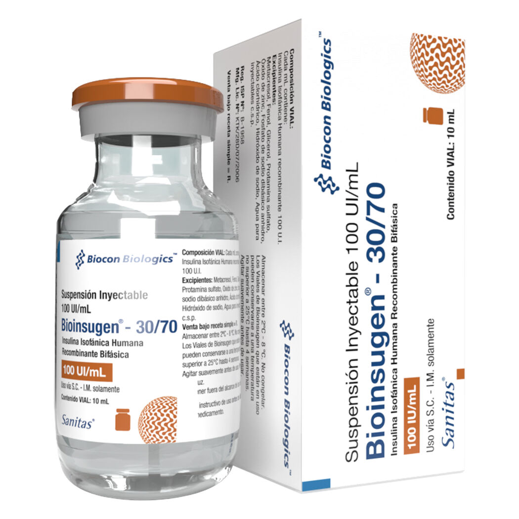 Bioinsugen-30/70 Insulina Isofánica Inyectable 10ml 1 Vial