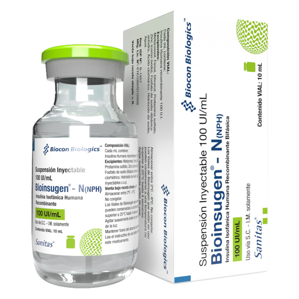 Bioinsugen-N Insulina Isofánica 100UI/ml Inyectable 1 Vial