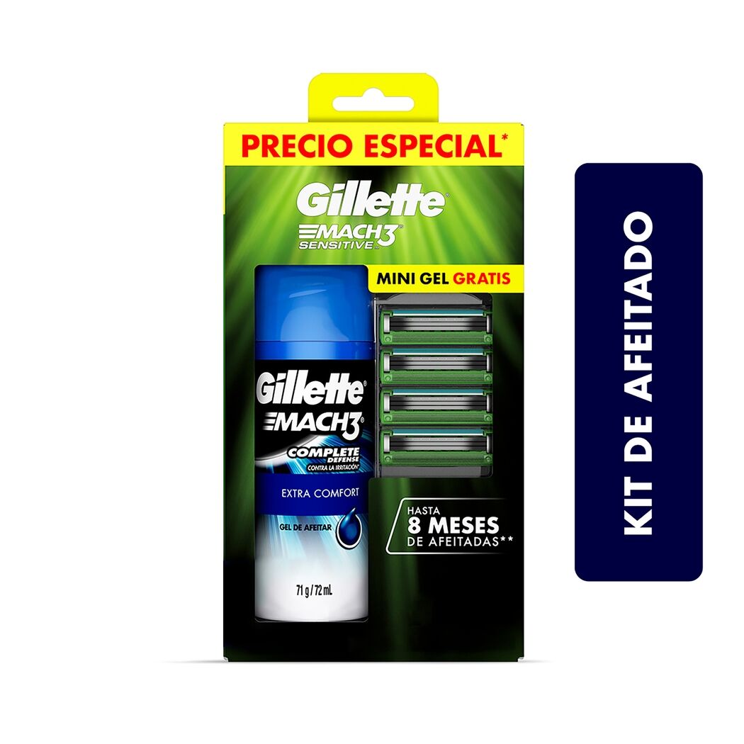 Kit Repuestos de Afeitar 4 Unidades + Gel de 72ml Gillette Mach3
