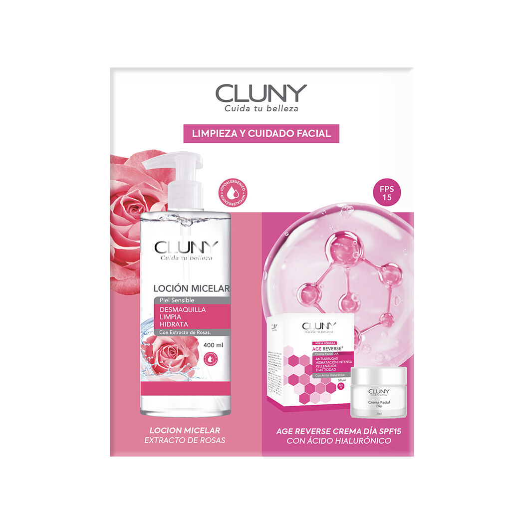 Pack Cluny Limpieza y Cuidado Facial: Loción Micelar Extracto de Rosas 400ml + Crema Día Age Reverse 50ml