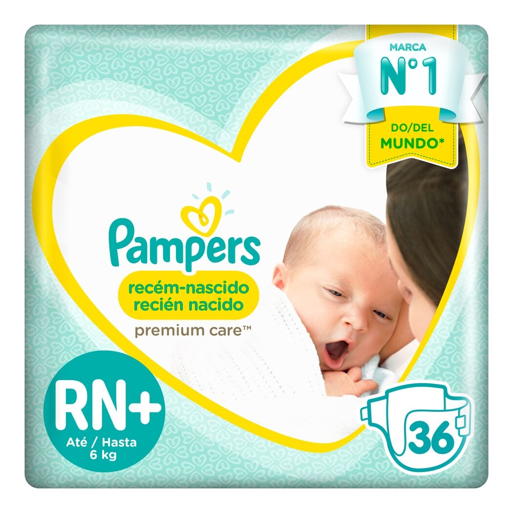 Pañales Desechables Premium Care Recién Nacido RN+ 36 Unidades