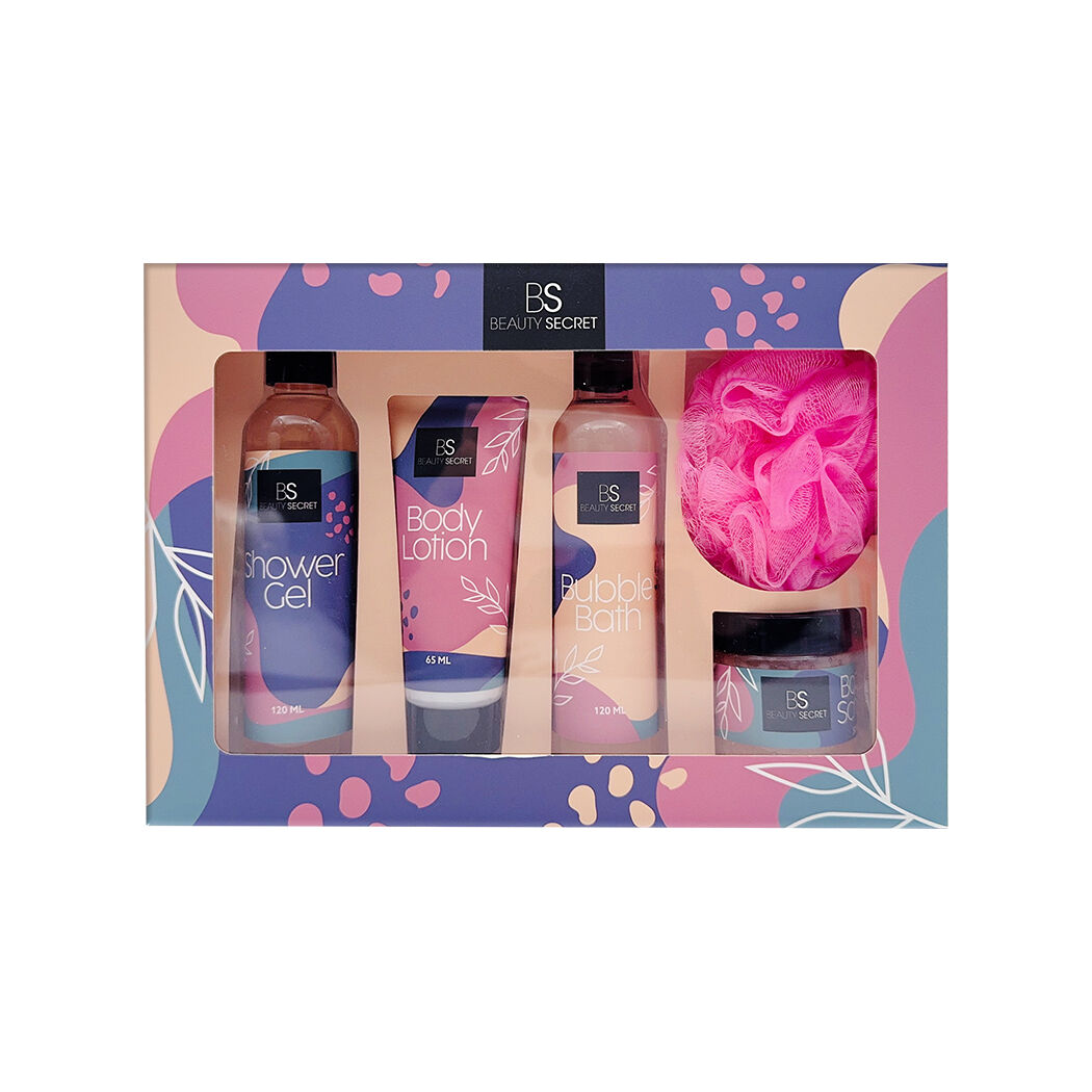 BS Beauty Secret Shower Gel 120ml + Bubble Bath 120ml + Body Lotion 65ml + Body Scrub 50ml + Puff Mesh