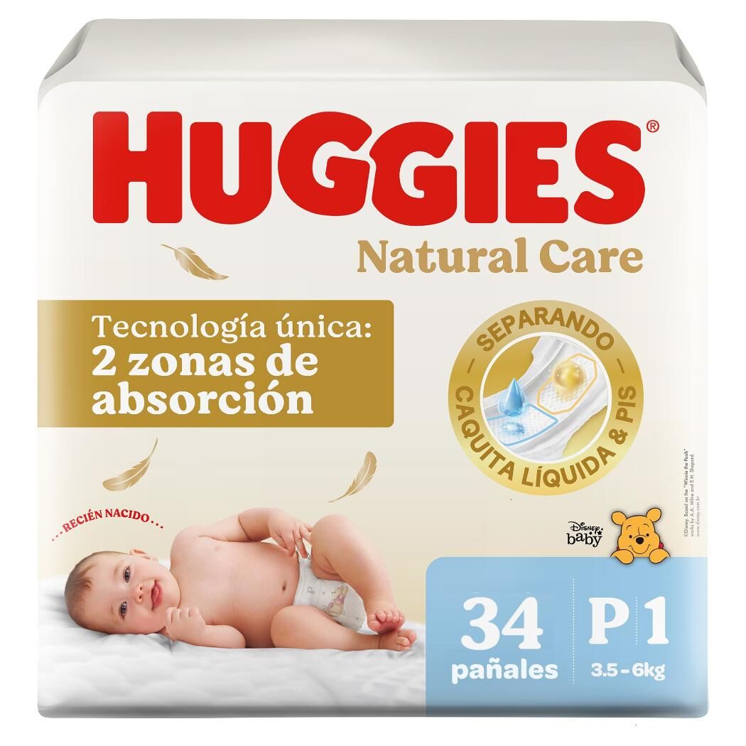 Pañales Premium Huggies Natural Care P Más Suave 34 Unidades