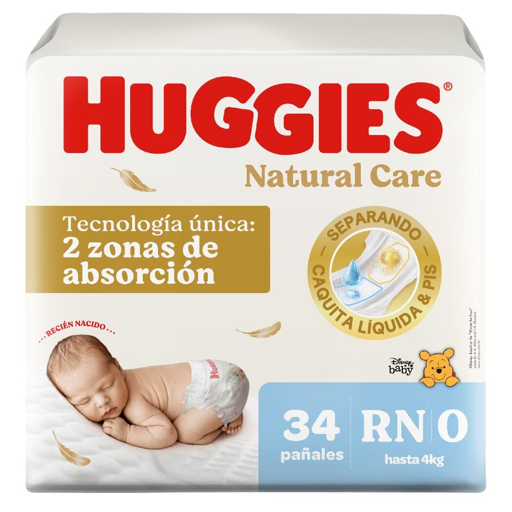 Pañales Premium Huggies Natural Care RN Más Suave 34 Unidades