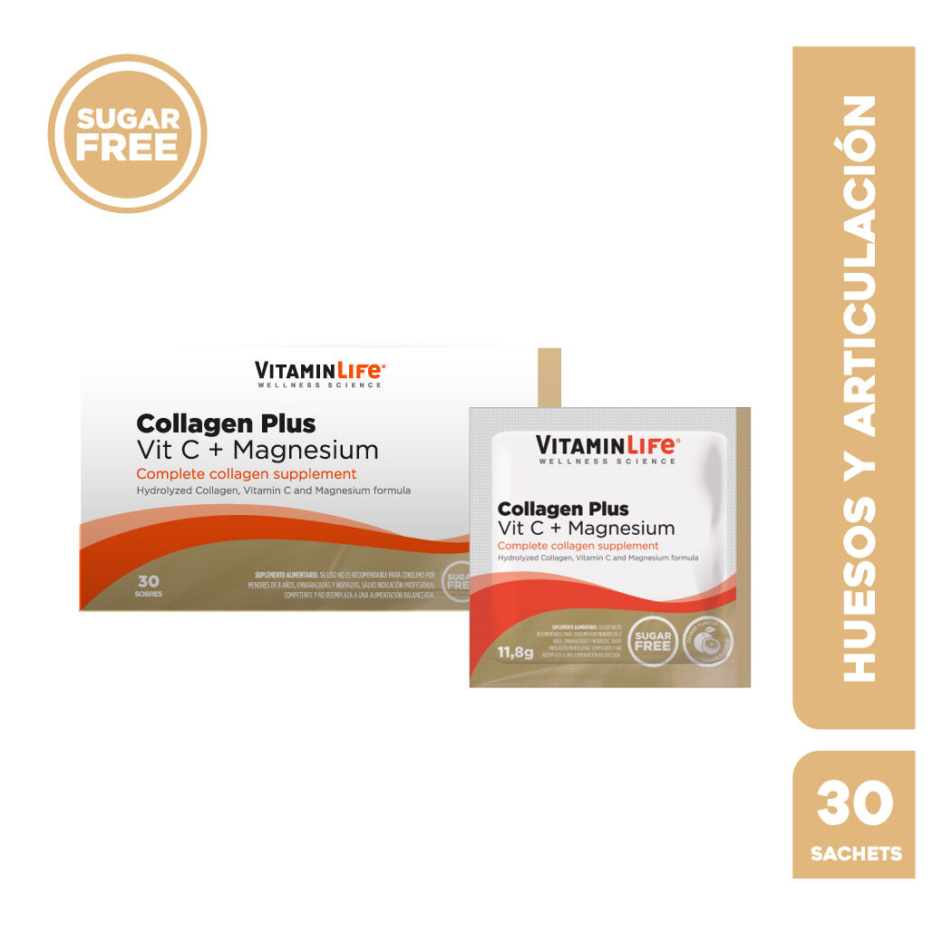 VitaminLife Colágeno + Vitamina C + Magnesio Plus 30 Sobres
