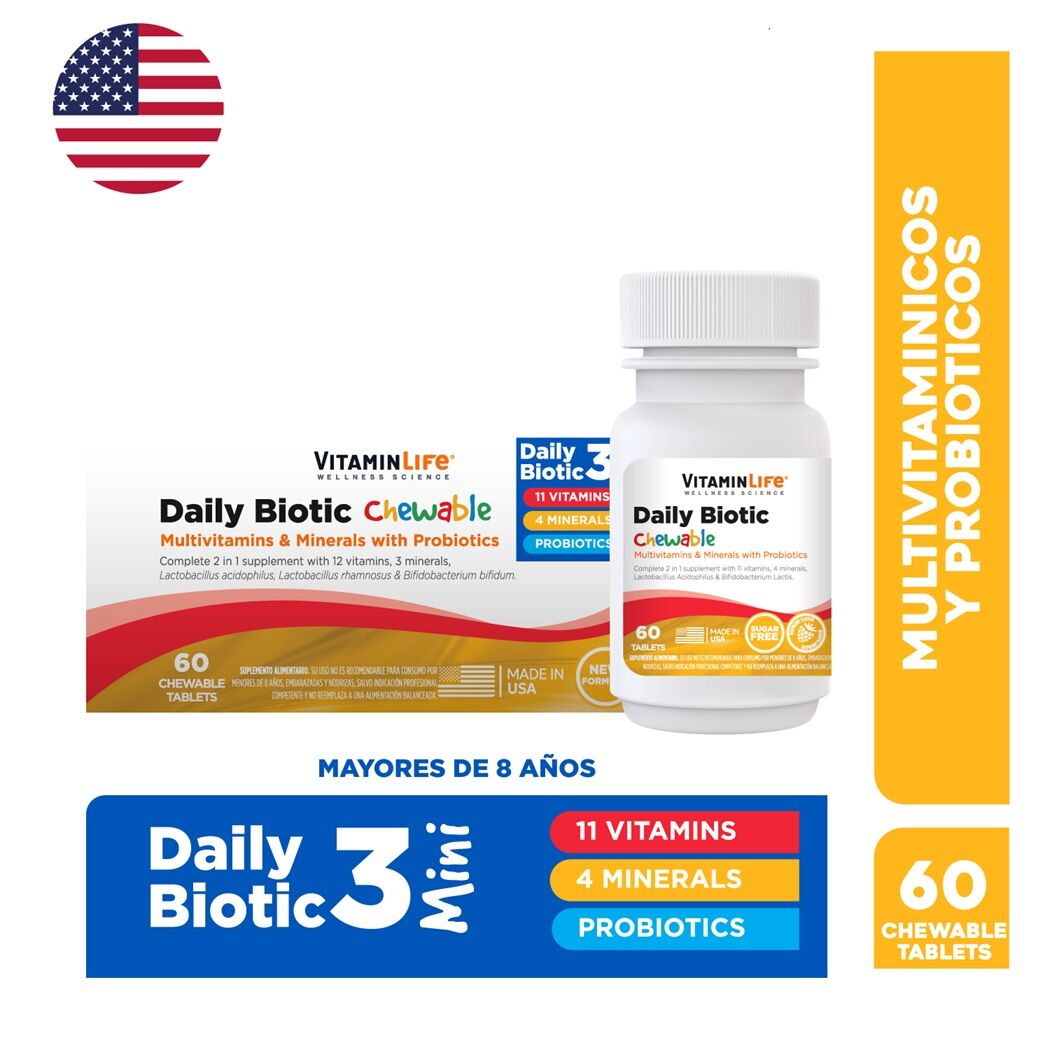 Multivitamínico y Probiótico Daily Biotic VitaminLife Masticable Sabor Frambuesa 60 Tabletas