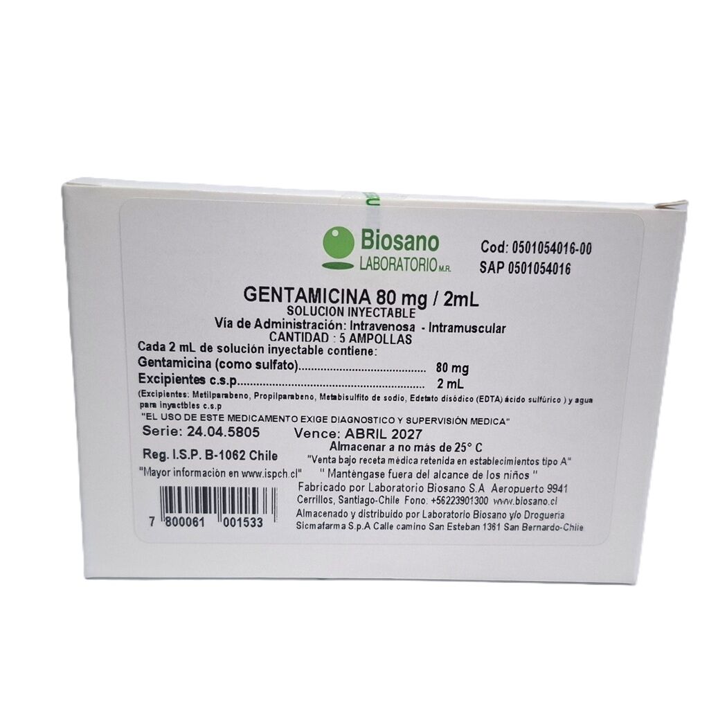 Gentamicina 80mg/2ml Inyectable 5 Ampollas
