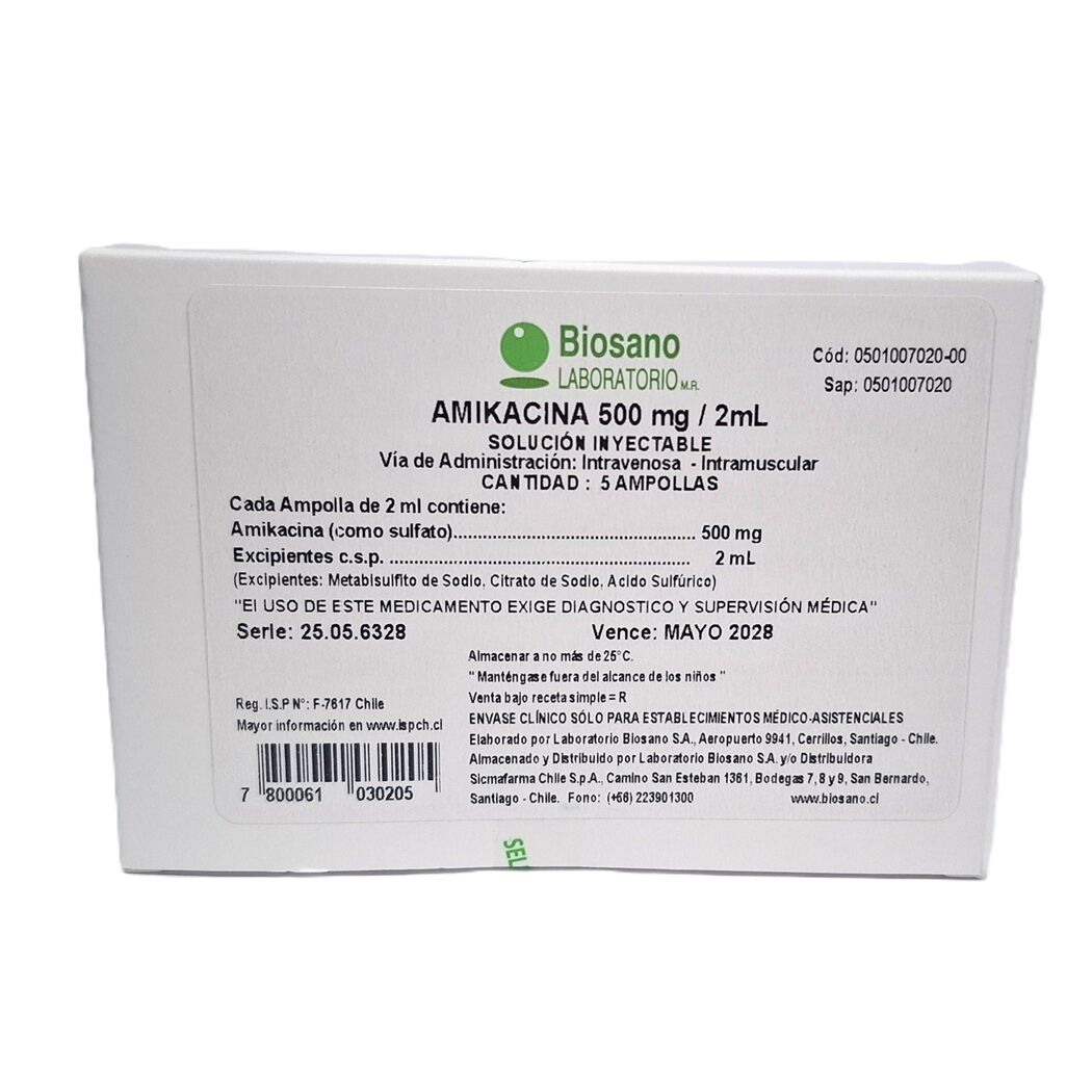 Amikacina 500mg/2ml Inyectable 5 Ampollas