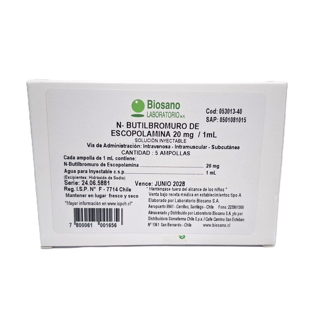 N-Butilbromuro Escopolamina 20mg/ml Inyectable 5 Ampollas