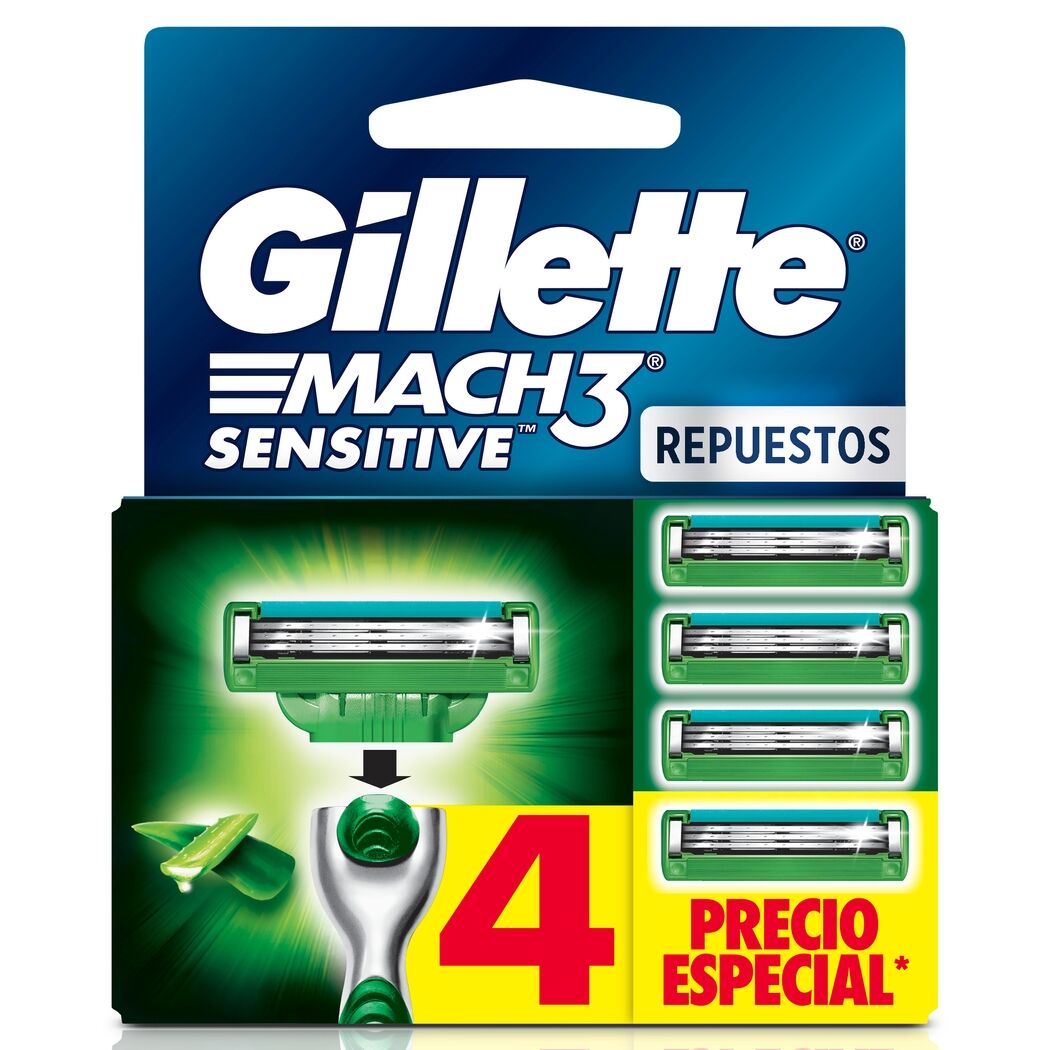Gillette Mach3 Sensitive 4 Repuestos con Aloe