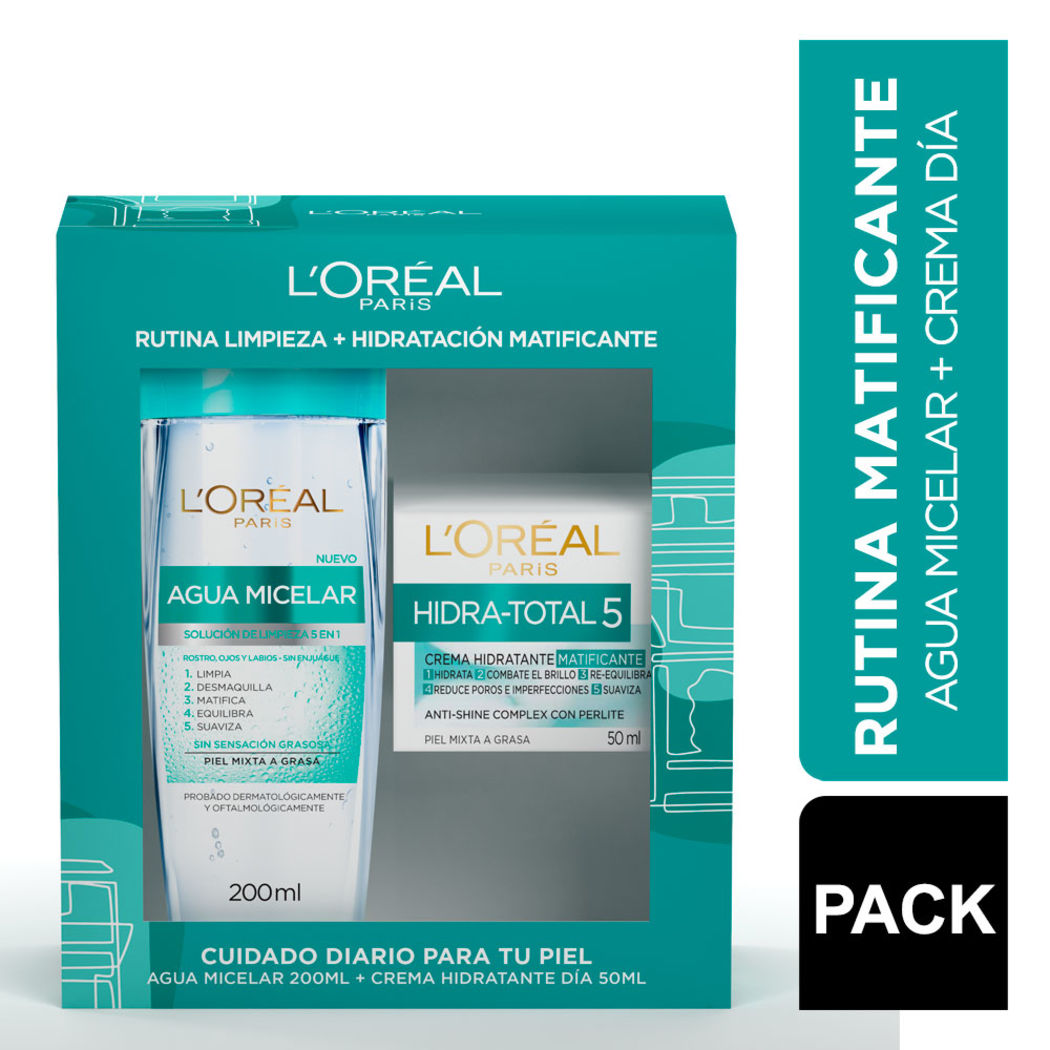 Rutina Matificante Cuidado Limpieza+ Hidratación L'Oréal Paris: Agua Micelar + Crema Hidratante Matificante para pieles mixtas a grasas.